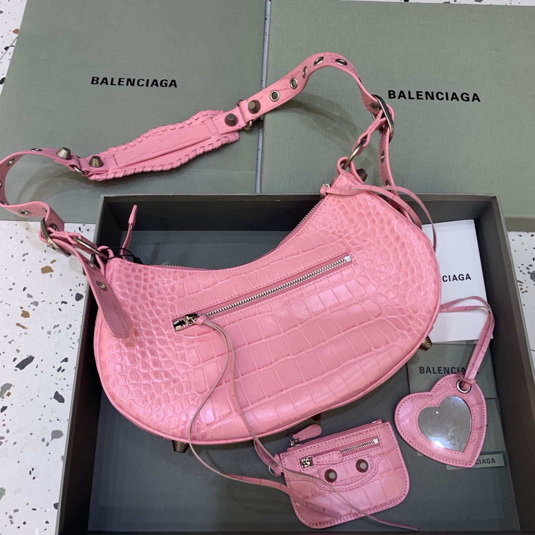 Balenciaga Le Cagole Small Shoulder Bag Crocodile Embossed Pink